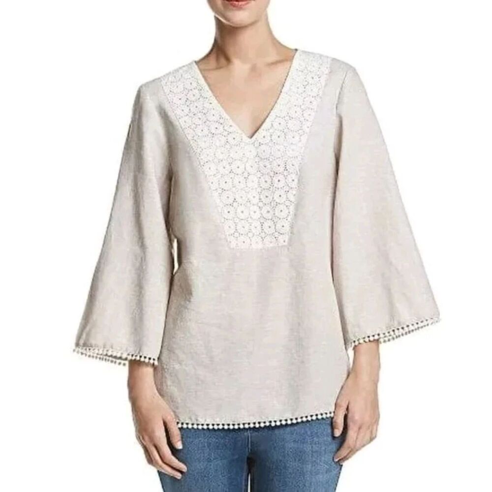 Bass Women’s Beige Linen‑Blend Blouse L Embroidered Crochet Boho Casual Top